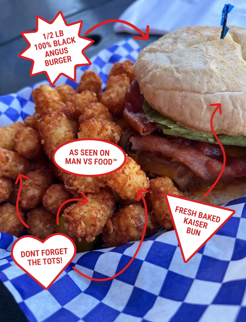 Our burgers are made with 100% black angus beef, the Dainer was featured on Man versus Food, our kaiser buns are freshly baked, and don't forget the tots.